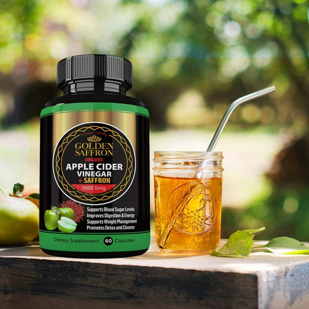 Golden Saffron 100% Organic Apple Cider Vinegar Pills 1800 mg plus 88.8 Saffron Extract - 2 in 1 Supplement, Natural Digestion, Immune Booster Support & Cleansing Supplement with Probiotics